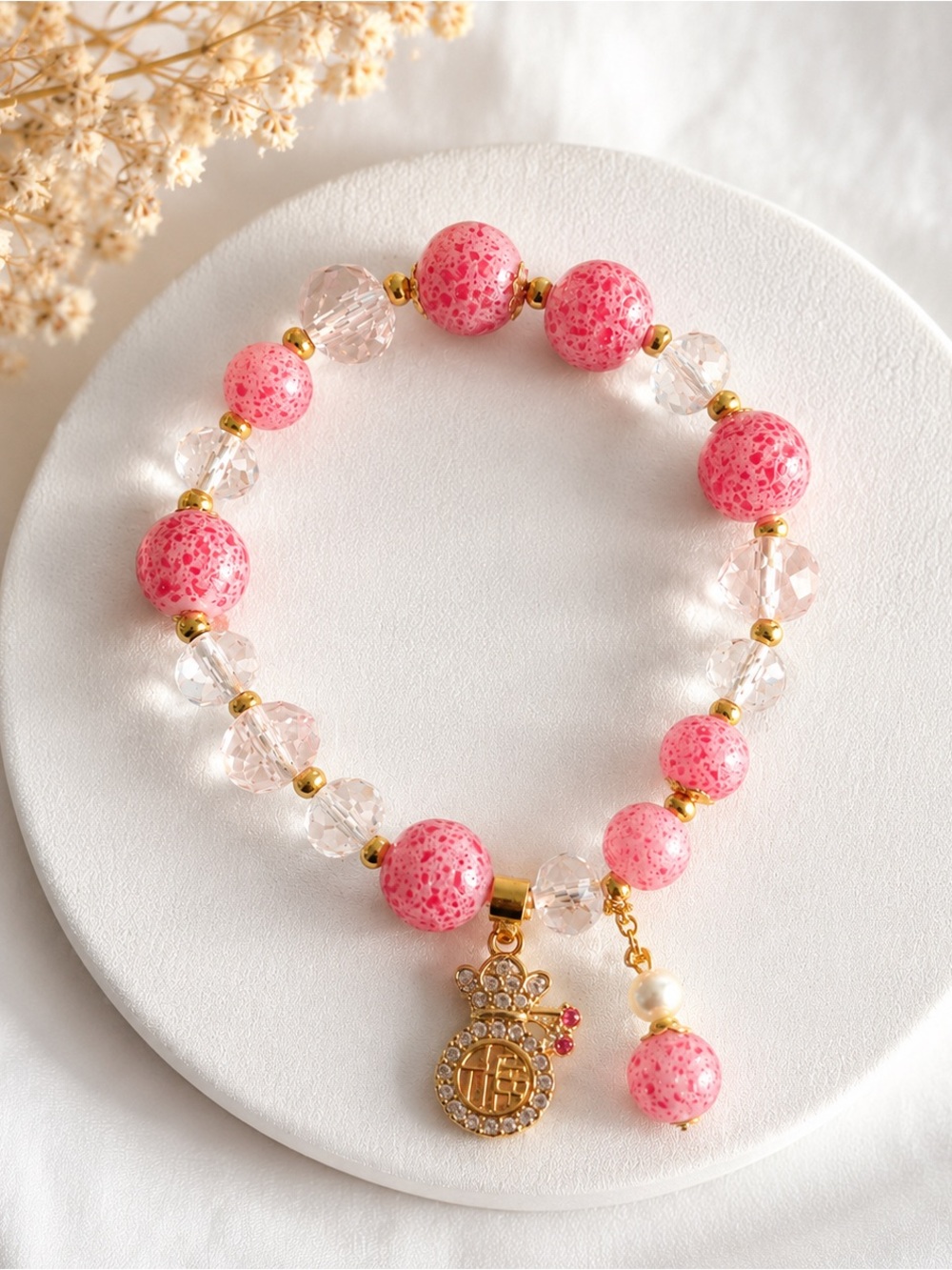 Pink Beaded Charm Bracelet with Crystal Accents